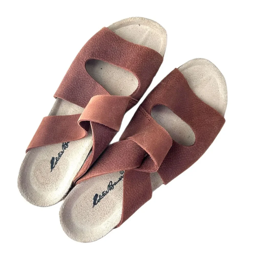 💐 Eddie Bauer Sandals 6 Brown Leather Shoes Slip On Slides Boho Hippie Gorpcore - Picture 3 of 7